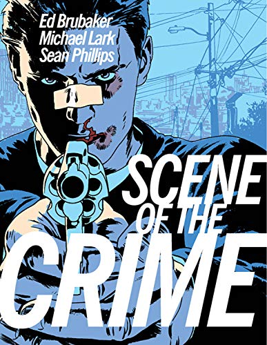 Comic book cover: man with taped mouth holds a gun, city background.