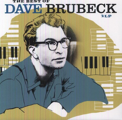 "Album cover featuring an illustration of Dave Brubeck with piano keys in the background."