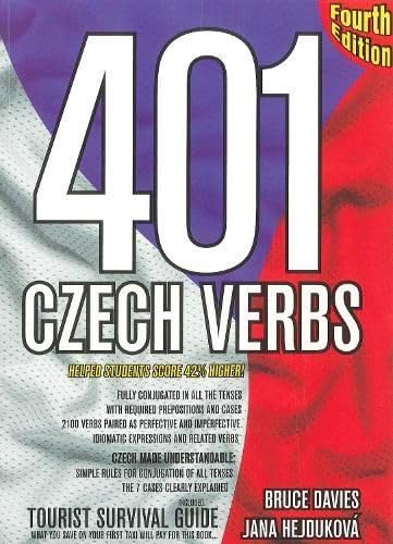 Book cover: "401 Czech Verbs" with large white numbers on a divided background.