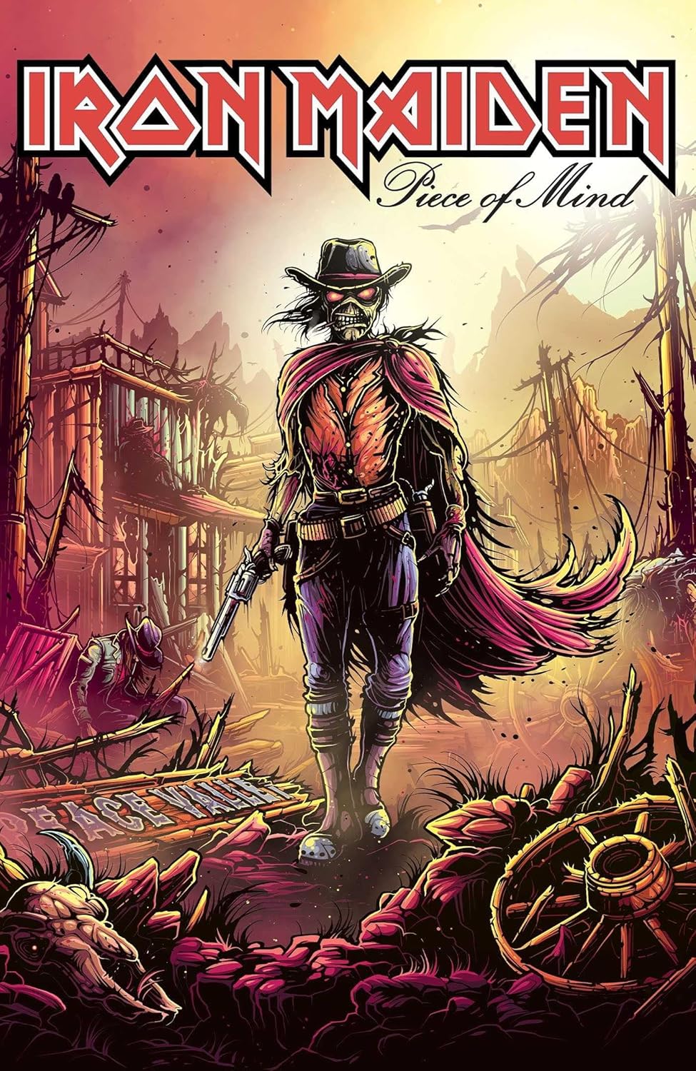 Iron Maiden mascot Eddie dressed as a cowboy in a ruined western town.