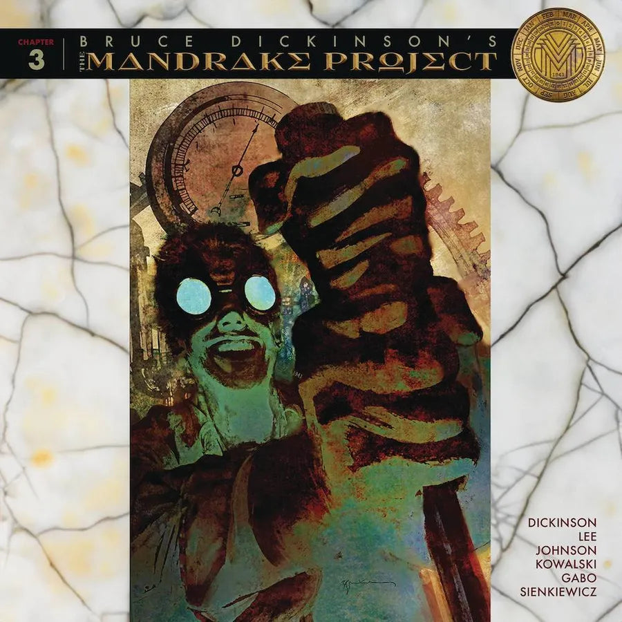 Book cover: Bruce Dickinson’s “The Mandrake Project” Book 3, illustrated face.