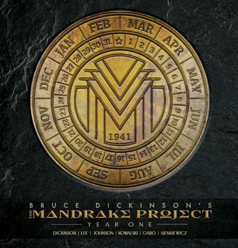 Gold medallion on dark background with calendar and text Bruce Dickinson's Mandrake Project Year One.