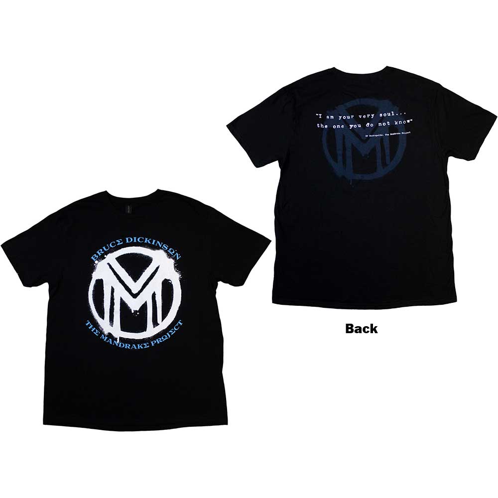 Black t-shirt with back print featuring artwork from Bruce Dickinson’s “The Mandrake Project”.