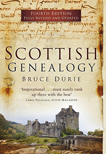 Book cover for Scottish Genealogy by Bruce Durie featuring an old castle and parchment background.