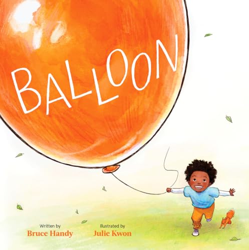 Orange balloon with text, a child holding the string, and a small dog.