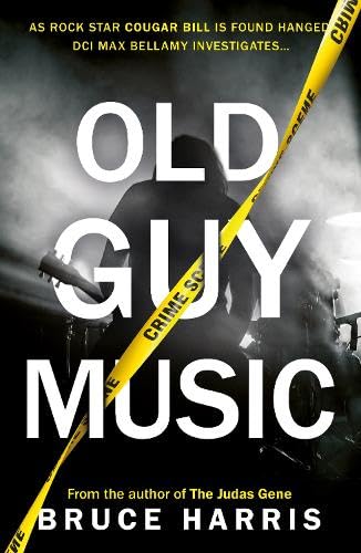 Book cover: "Old Guy Music" with crime scene tape and a shadowed figure.