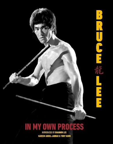 Black and white photo of Bruce Lee holding a stick, book cover.