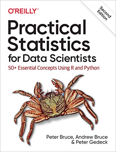 Book cover for Practical Statistics for Data Scientists with an illustration of a crab.
