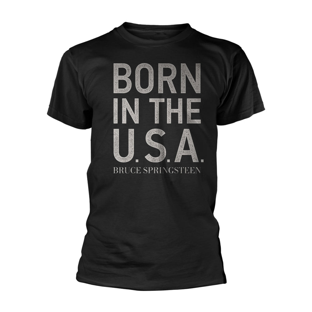 Black t-shirt with white text reading "Born in the U.S.A." and artist name.