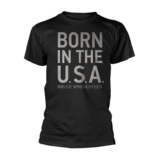 Black t-shirt with white text reading "Born in the U.S.A." and artist name.