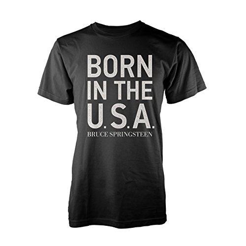 Black t-shirt with white text reading "Born in the U.S.A." and artist name.