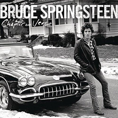 Black and white album cover featuring Bruce Springsteen leaning on a vintage convertible car.