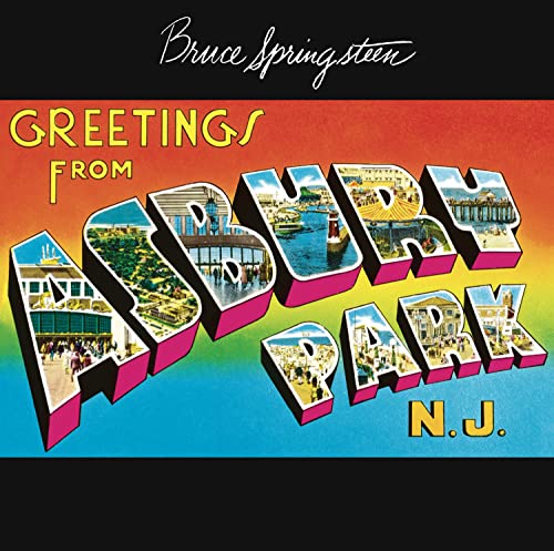 Bruce Springsteen album cover: colorful, vintage postcard style with text.