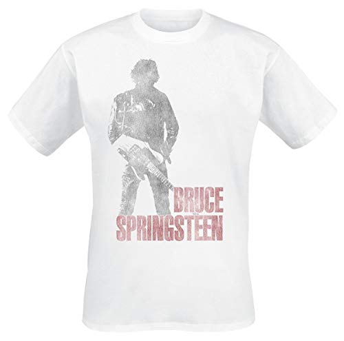 White t-shirt with a grey silhouette of Bruce Springsteen holding a guitar and text.