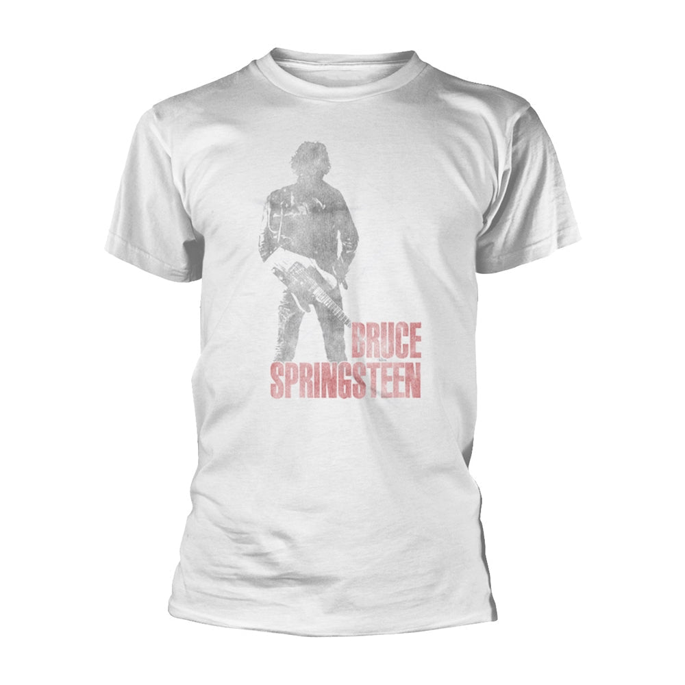 White t-shirt with a holographic image of Bruce Springsteen playing guitar.