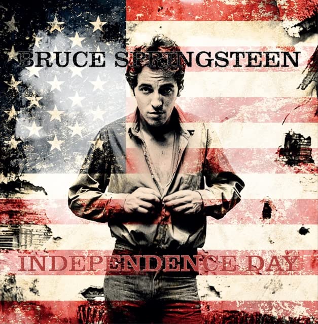 Bruce Springsteen album cover with distressed American flag background.