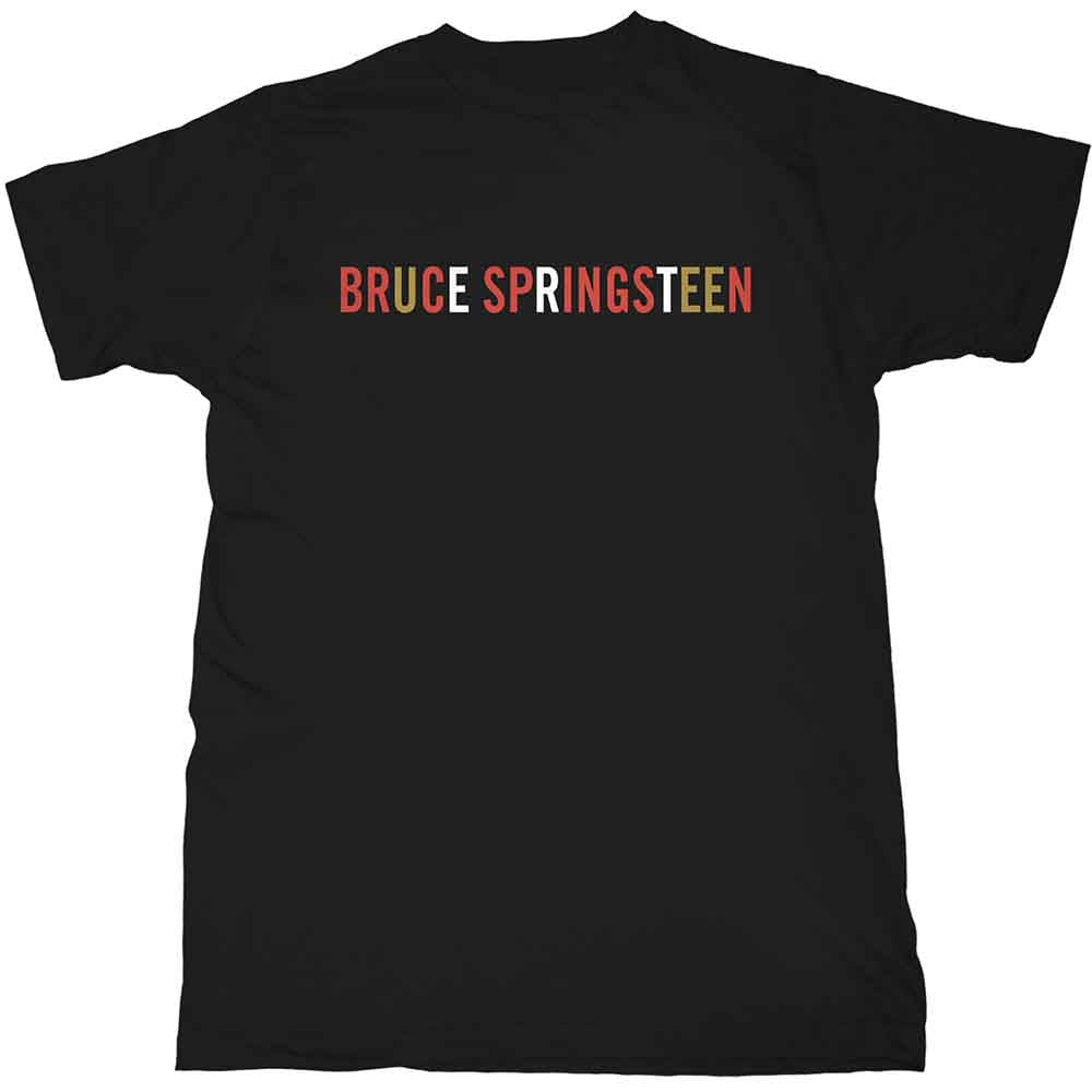 Black t-shirt with "Bruce Springsteen" logo in red and white text.