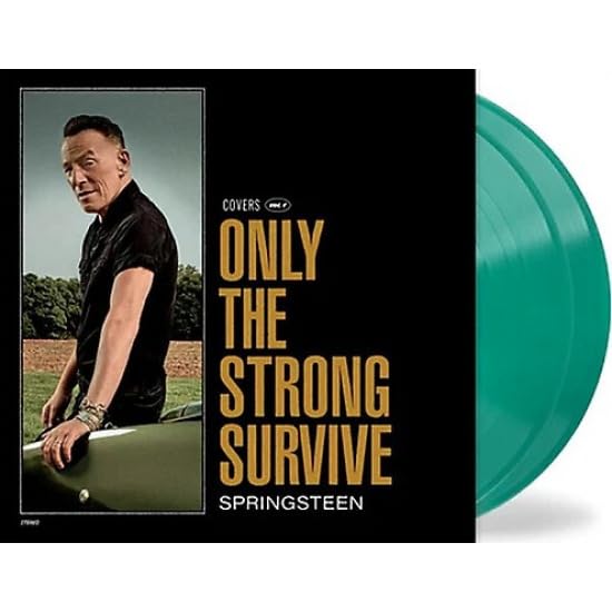 Bruce Springsteen album cover with green vinyl record beside it.
