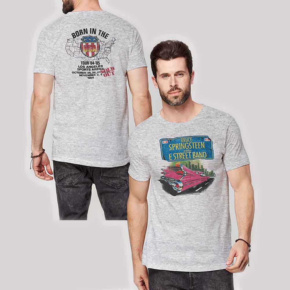 Gray t-shirt with a pink Cadillac and Bruce Springsteen graphic.