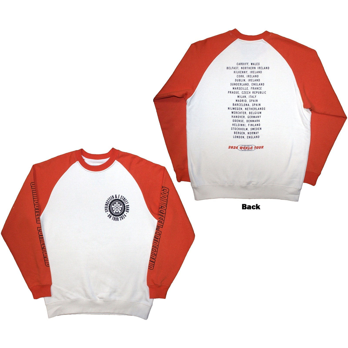 White raglan t-shirt with orange “Tour ‘24 Wheel” back print, size XX-Large.