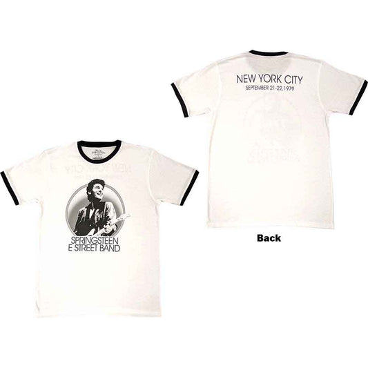 Black t-shirt with white collar, NYC back print, Bruce Springsteen design, size X-Large.