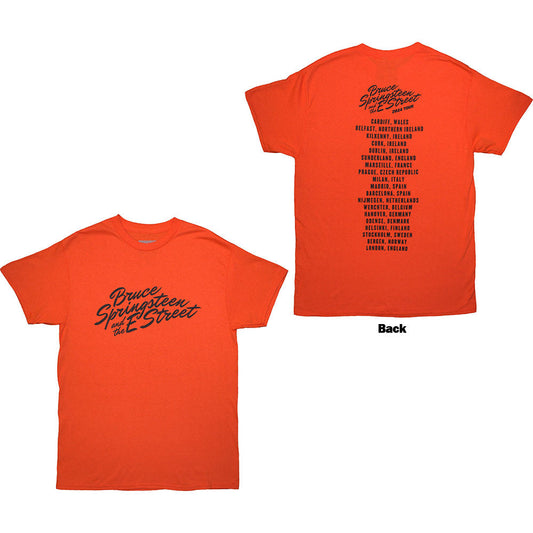 Orange t-shirt with Bruce Springsteen Tour '24 back print, large size.