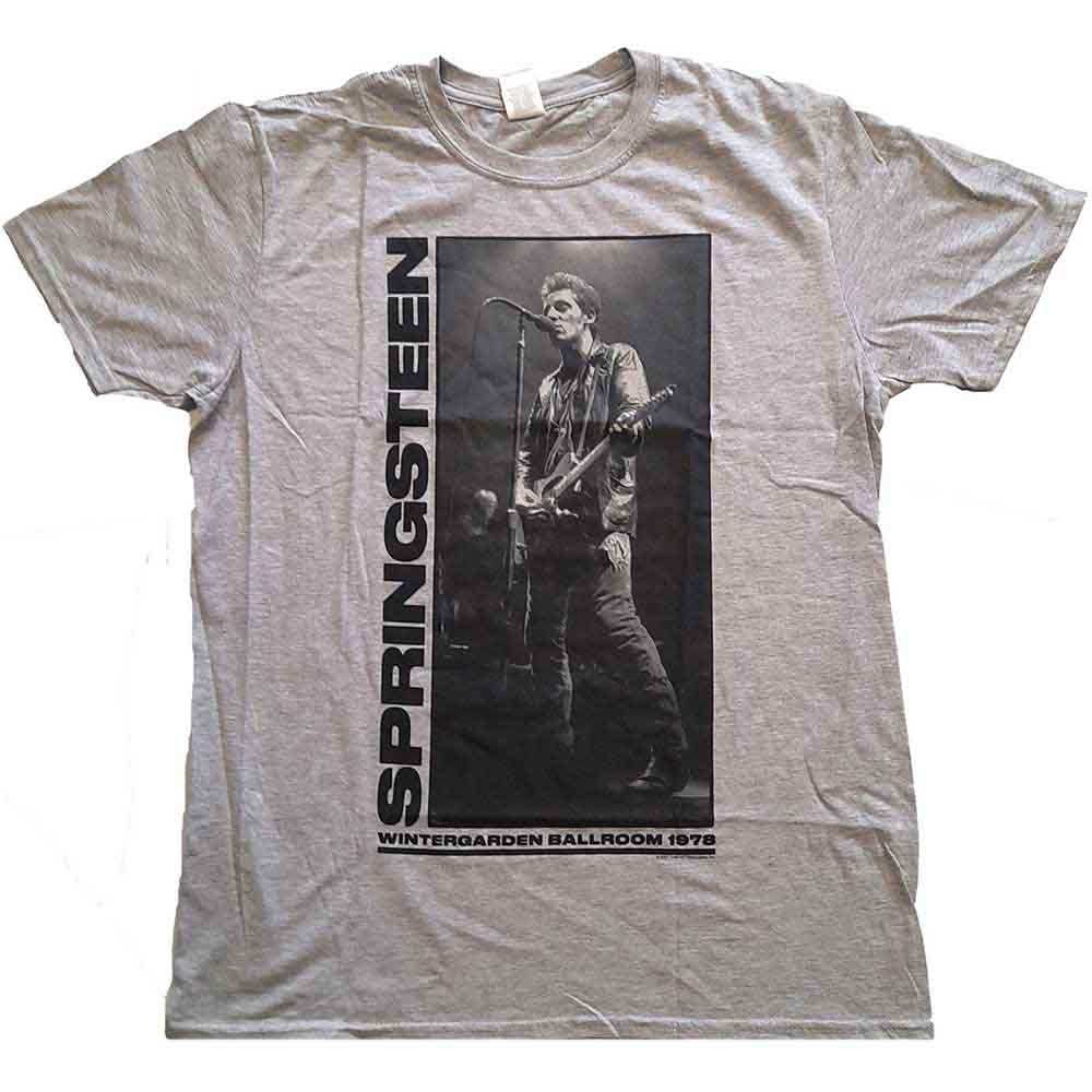 Grey t-shirt featuring a black and white photo of Bruce Springsteen performing on stage.
