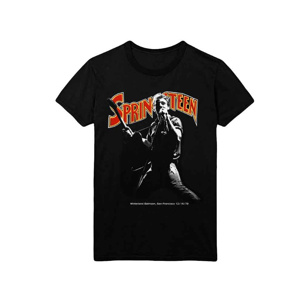 Black t-shirt with a graphic of Bruce Springsteen performing onstage.