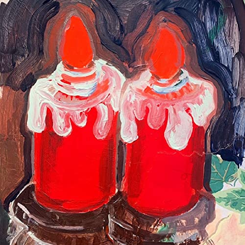 Painting of two dripping red candles against a dark, textured background.