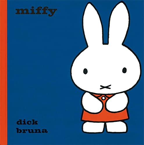 A white cartoon rabbit in an orange dress on a blue background with text.
