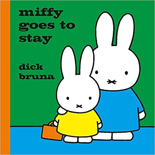 Miffy and a smaller rabbit with a yellow dress and brown suitcase.