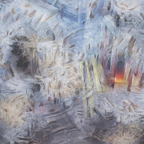 Abstract painting in cool tones with textured brushstrokes and hints of red.