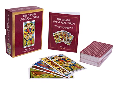 Red tarot card deck and box with colorful, illustrated cards displayed.