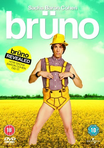 DVD cover for “Bruno” featuring Sacha Baron Cohen in yellow overalls.