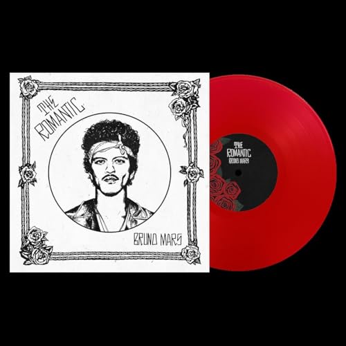 Bruno Mars' "The Romantic" vinyl record with red disc and floral cover.