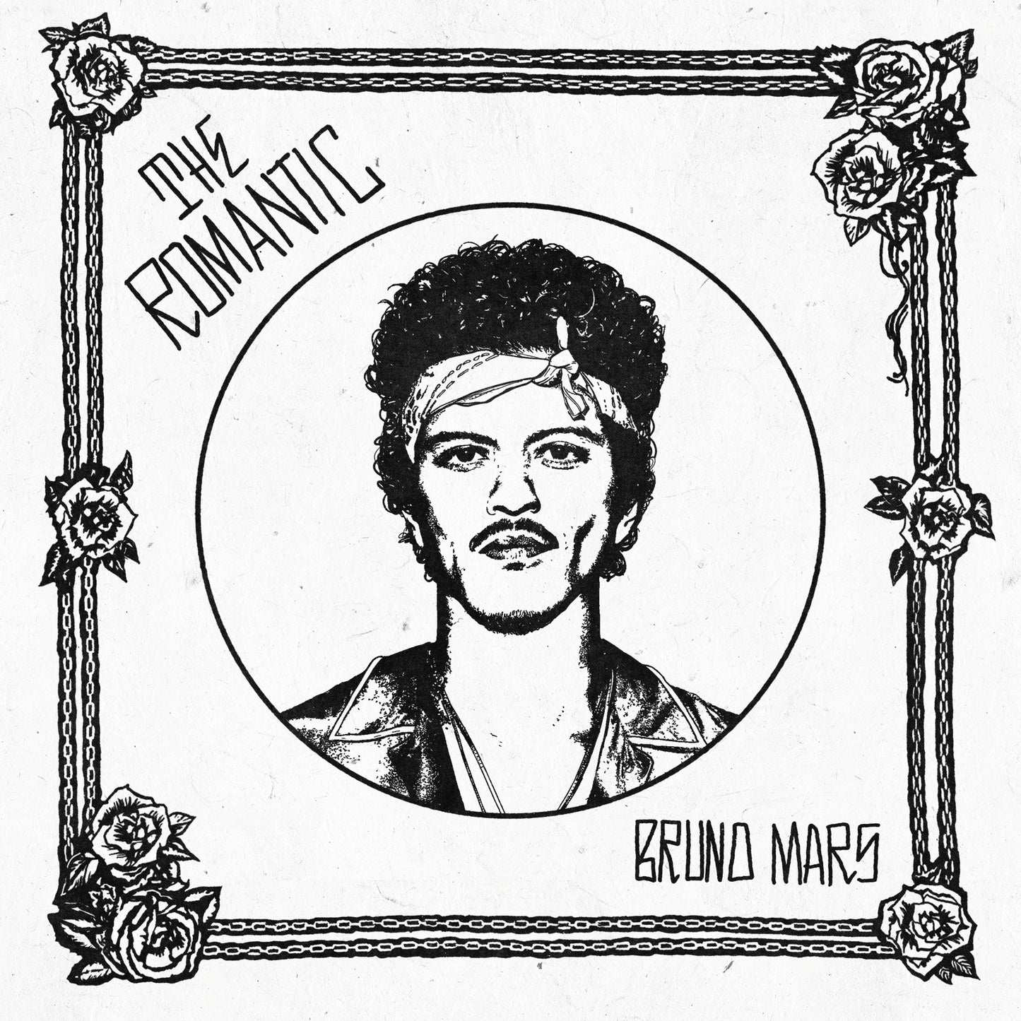 Black and white portrait of Bruno Mars framed by roses and ornate details.