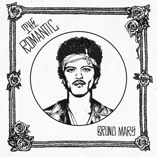Black and white portrait of Bruno Mars framed by roses and ornate details.