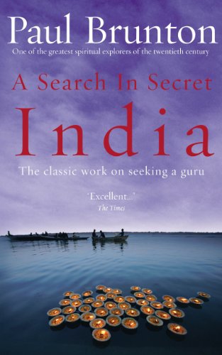 Book cover: "A Search in Secret India" with boats and floating lamps.
