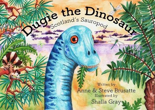 Book cover: blue long-necked dinosaur with red eyes in a lush landscape.