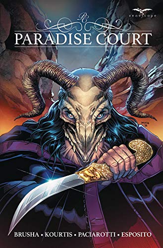 A horned, skull-masked figure in a dark robe holds a sharp, ornate dagger.
