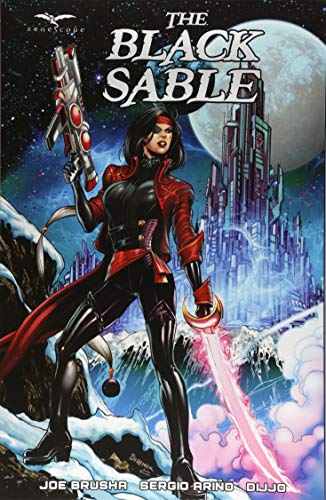 Comic book cover featuring a woman with a weapon and futuristic city.