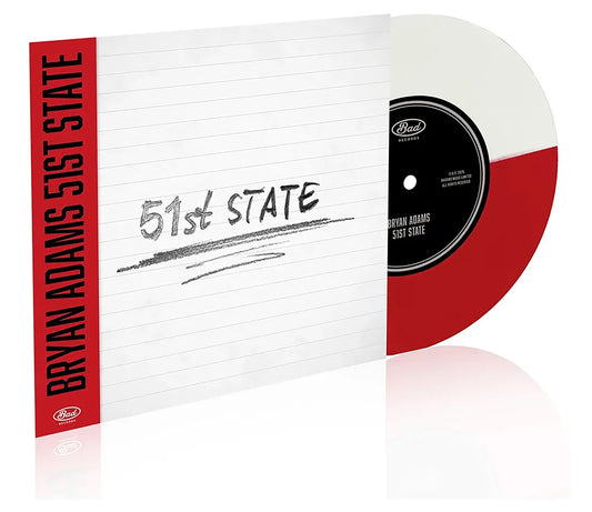 Red and white 7-inch vinyl record for Bryan Adams’ “51st State.”