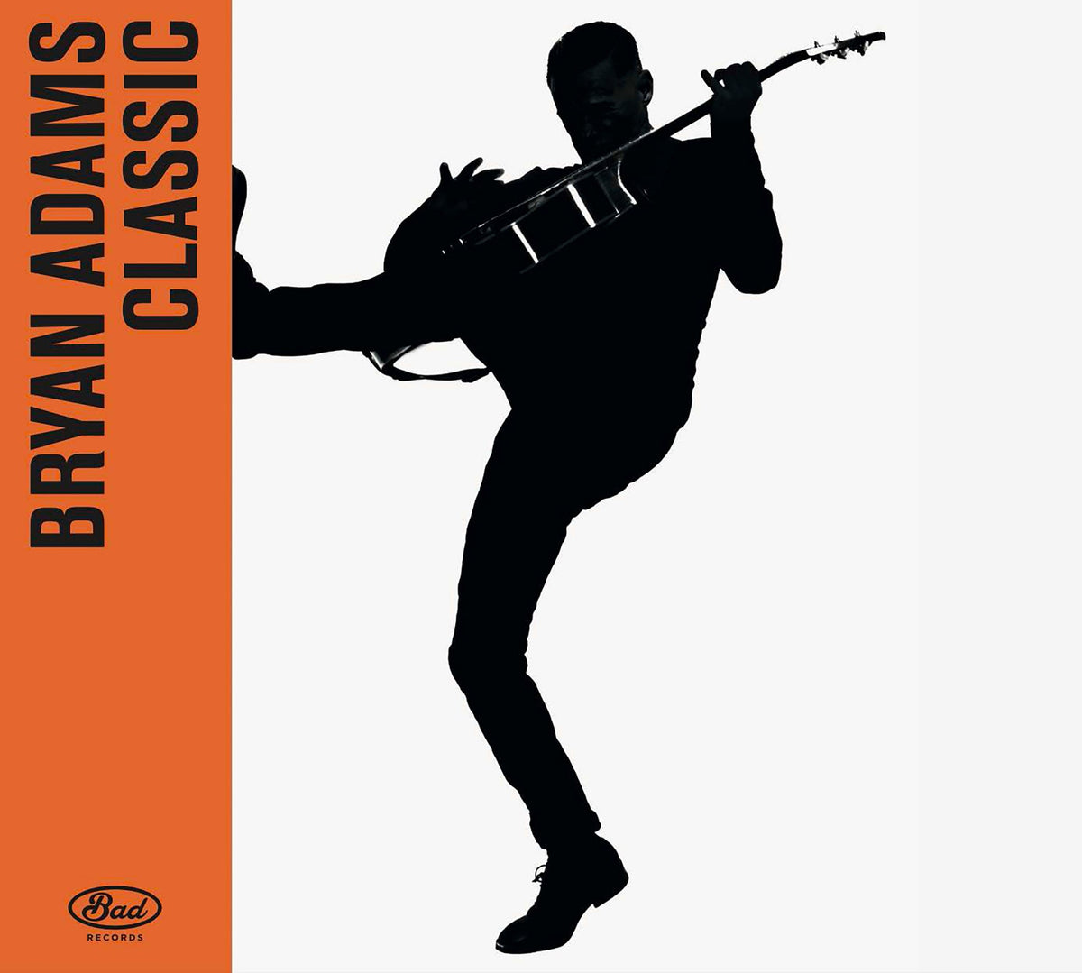 Silhouette of Bryan Adams playing guitar on a white background with an orange side panel.