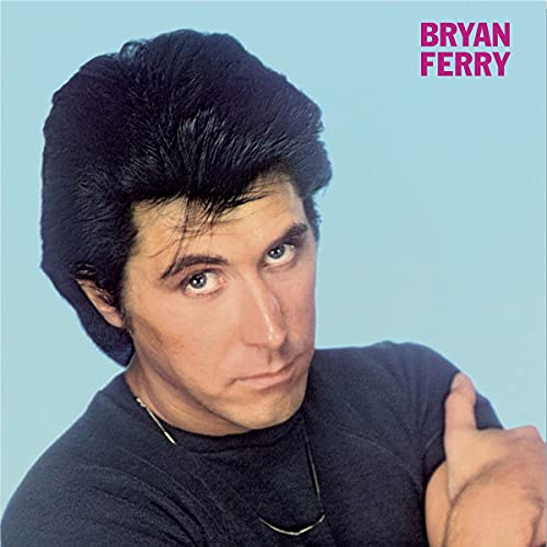 Portrait of Bryan Ferry against a light blue background with his name in pink.