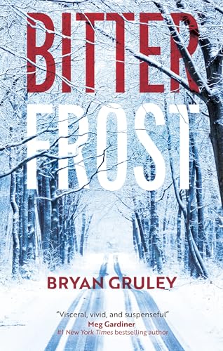 Book cover: "Bitterfrost" with a snowy road and bare trees.