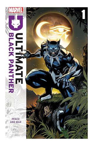 Black Panther crouches on a cliff before a glowing moon with an eye symbol.