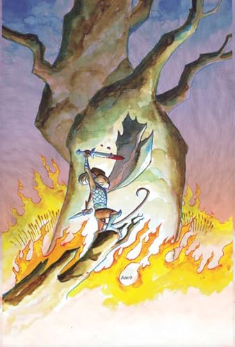 A mouse warrior in armor holds a sword before a large tree amidst flames.