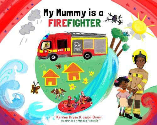 A female firefighter stands with a child beside a fire truck, boat, and houses.