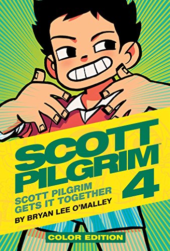 Scott Pilgrim volume 4 cover, featuring a cartoon Scott with outstretched hands.