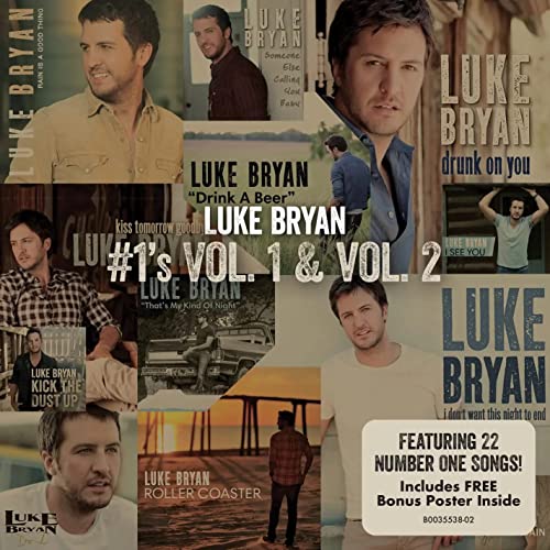 CD cover for Luke Bryan’s #1’s Vol. 1 & Vol. 2, featuring multiple artist portraits.